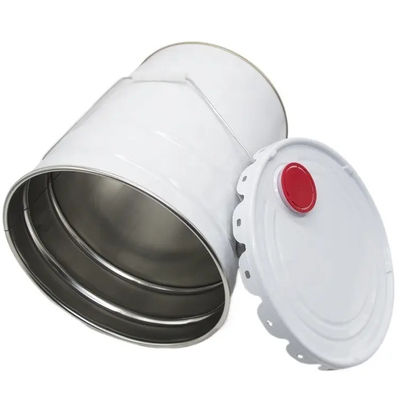 Cubo de pintura de metal blanco de 5 galones con tapas rojas de plástico
